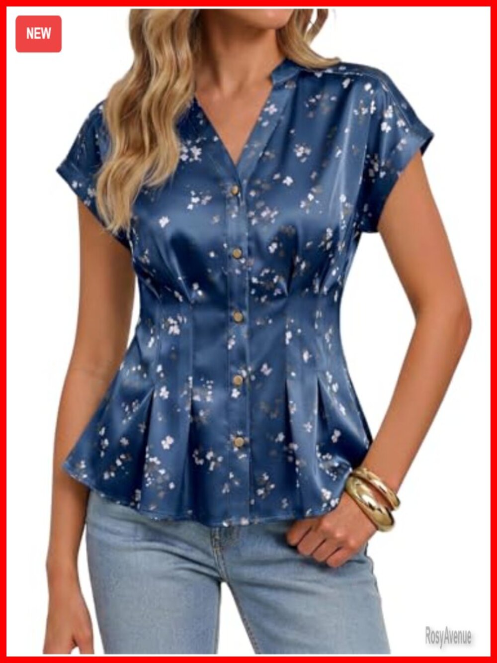 Satin Peplum Button Down Blouse V Neck Floral Short Sleeve Top